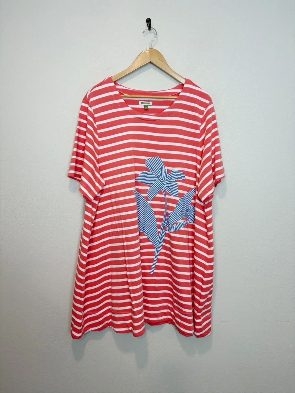 NEW Anthropologie Celandine Deco Stripe T-Shirt Dress Blue Floral Applique XL - Picture 3 of 8